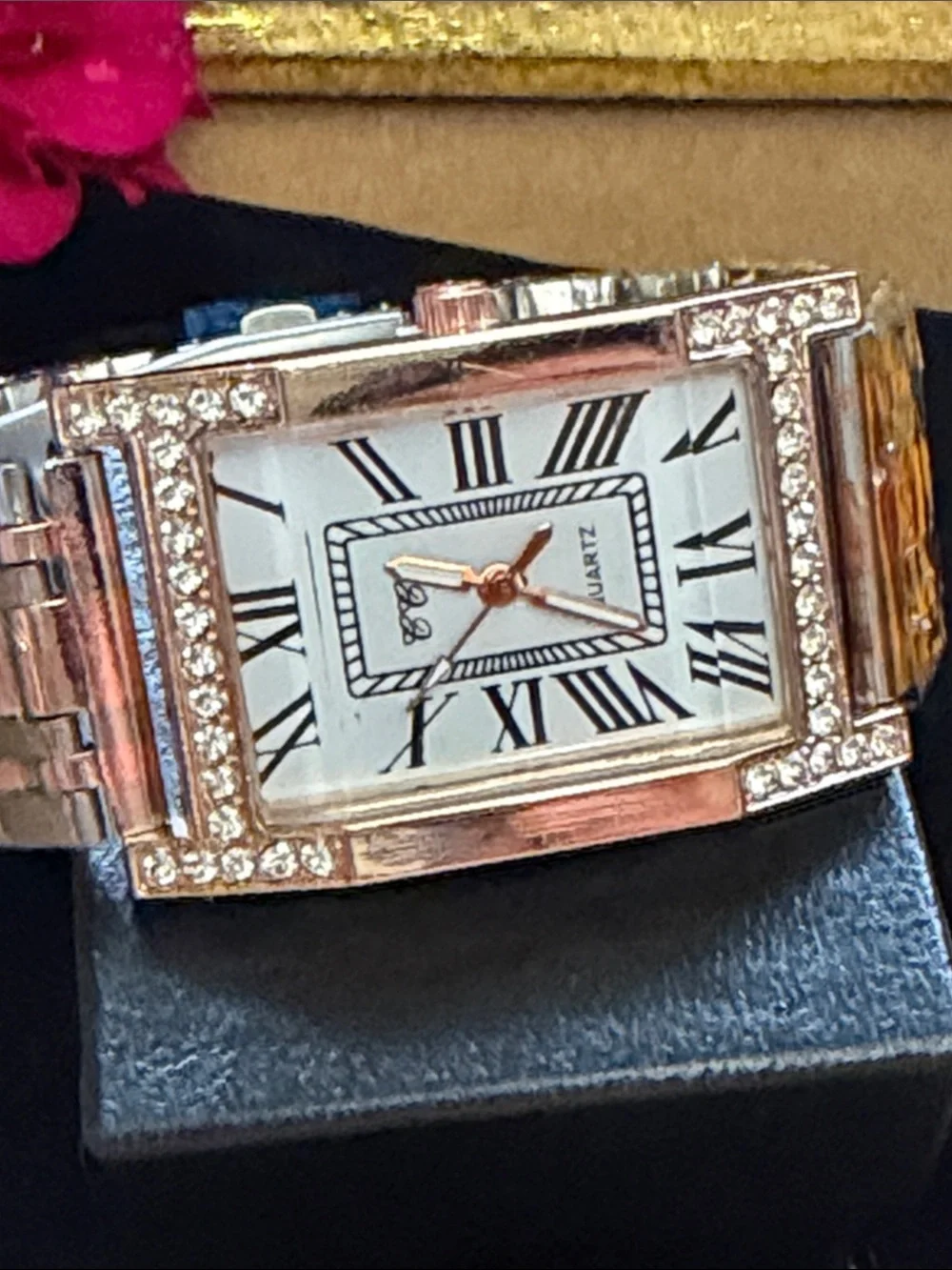 Rose Gold Crystal-Accent Rectangular Quartz Watch